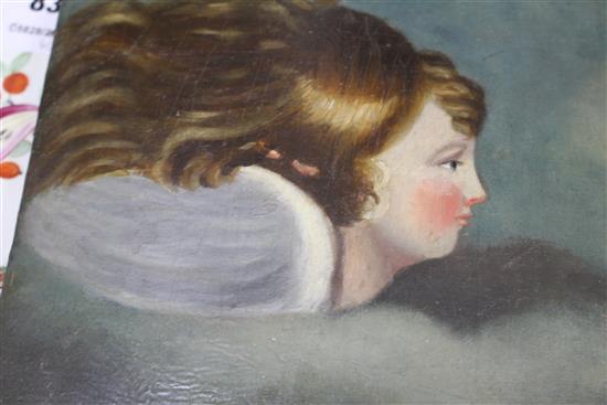 Early 19th century English School, pastel, Child holding a chick, 27 x 24cm and an oil on panel of a Reynolds Angel, 18.5 x 22cm